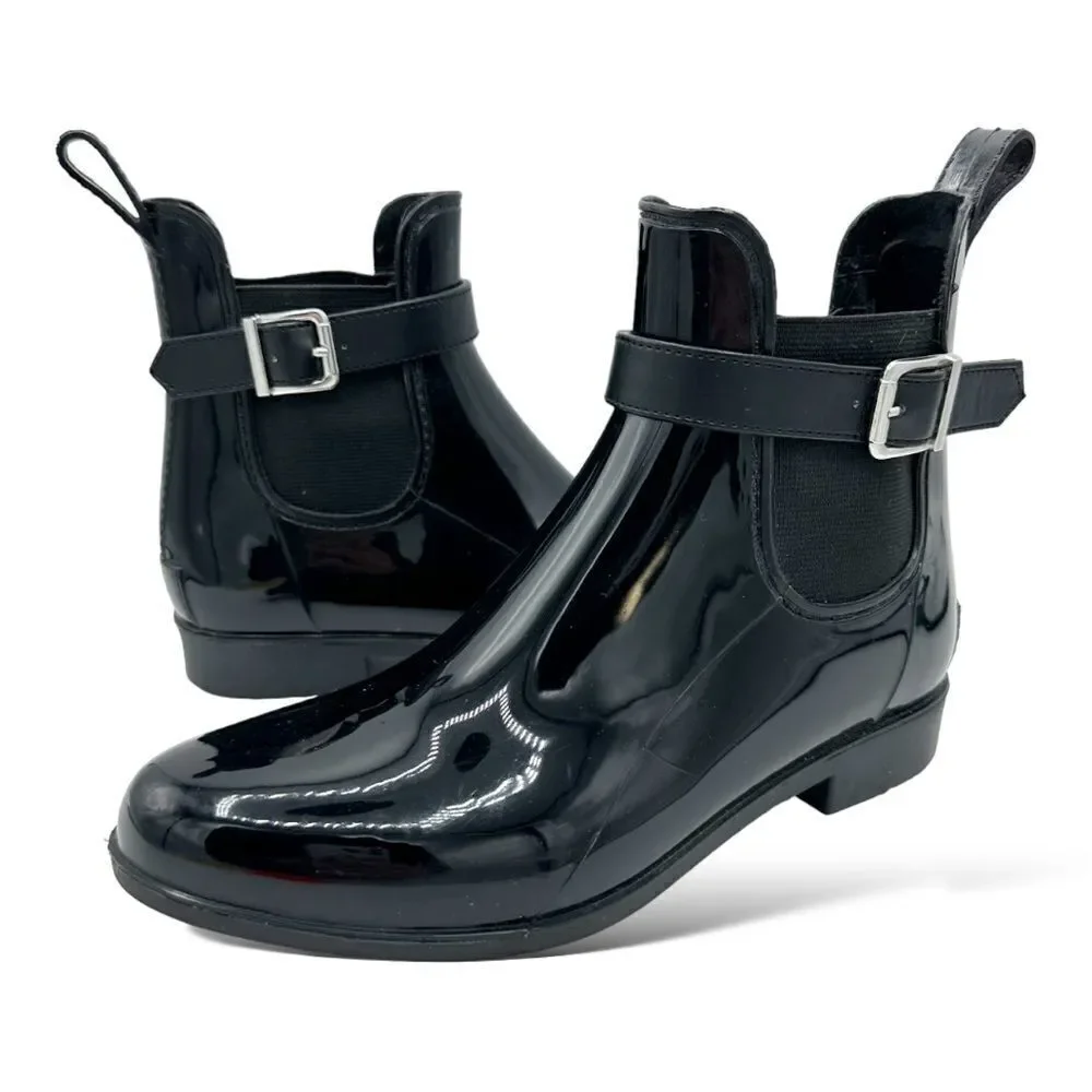 Marc Fisher‎ Women's 6 Rainy Black Glossy Ankle Rain Bootie Buckle Boot Sz 7